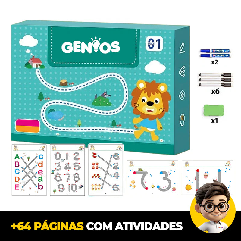 Livro de Desenvolvimento Infantil Gênios® + 8 Canetinhas e Apagador de Brinde