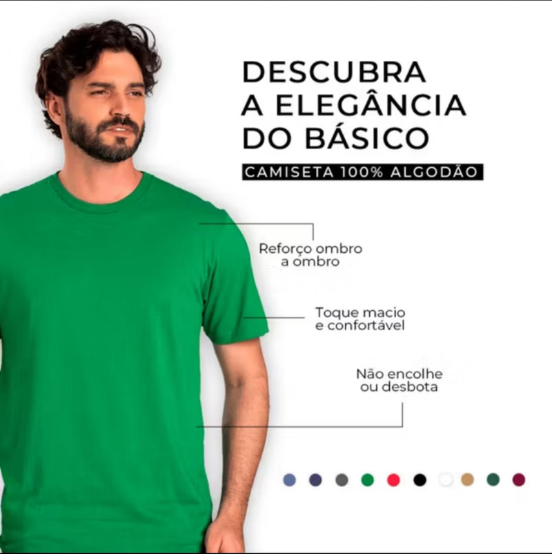 Kit 6 Camisetas Básicas Masculinas - 100% Algodão