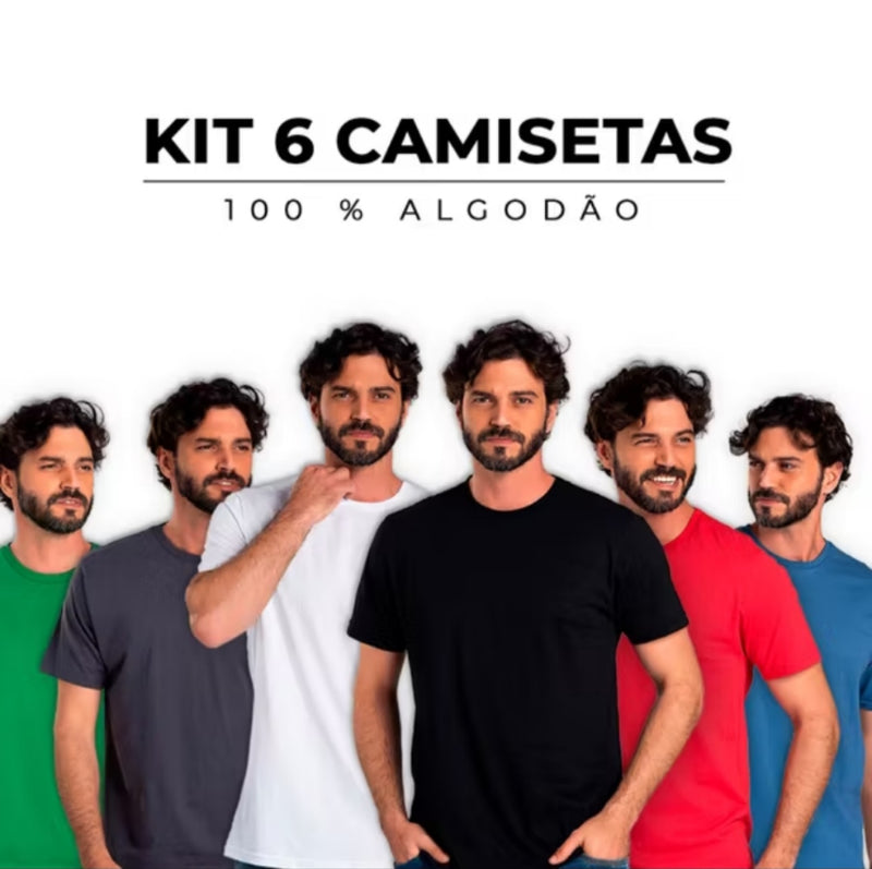 Kit 6 Camisetas Básicas Masculinas - 100% Algodão